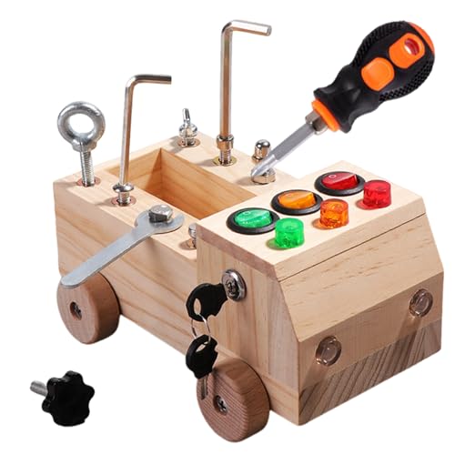 Tablero ocupado para niños pequeños, juego de tablero de destornilladores Montessori con interruptor LED, camión de madera, juguetes educativos preescolares para el desarrollo de habilidades motora