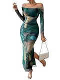 Floerns Women's Off Shoulder Tie Dye Long Sleeve Slit Hem Evening Bodycon Dress Green Large