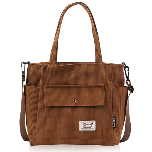 CxutSa Bolsos de Pana Grande Mujer Bolsa Hombro Tote Bag con Cremaller Bolsillos Bolsos Universidad para Viaje Trabajo Oficina Escuela (marrón)