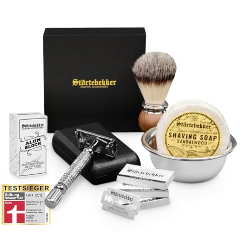 Störtebekker Premium Rasierhobel Set für Herren im handgefertigten Lederetui - Rasierset mit Rasierpinsel Rasierschale Edelstahl Rasierseife Alaunstein und Rasierklingen - Bartpflege Set Männer