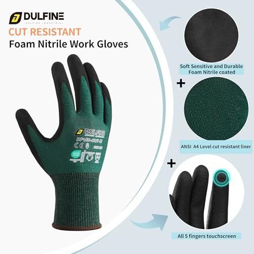 ANSI A4 Cut Resistant Work Gloves for Men,6 Pairs Pack.Touchscreen Micro Nitrile Coated,Anti-Slip & Durable for Construction, Wood Cutting,Glass Factory Industrial Use(Large) - Image 3