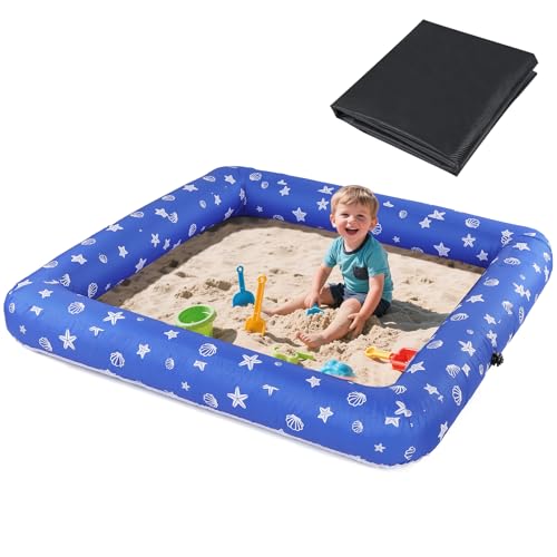 59\" x 59\" Inflatable Kids Sandbox with Cover - Easy Assembly Outdoor Sandbox, Large Capacity Kids Sand Box Pit for Backyard Garden, Summer Toys Gift for Boys Girls Ages 3-8