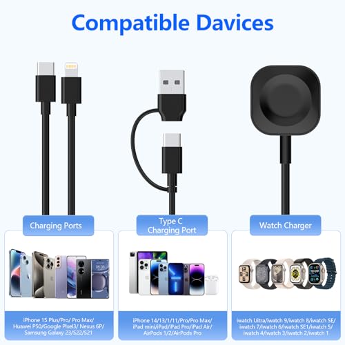 Image of 6in1 Multi Charging Cable for Apple Watch Charger, 10FT USB A /C Fast Charging Cord Cable Compatible with iWatch Ultra /SE /9 /8 /7 /6 /5 /4 /3 & iPhone 15 /14 /13 /12 /11 /Galaxy, Black Universal Travel Charger