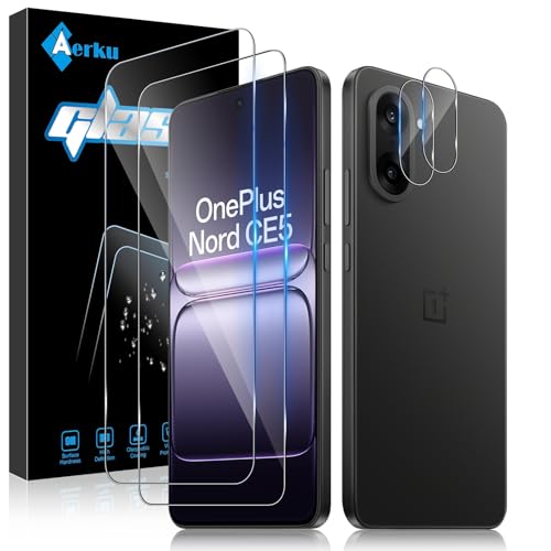 Aerku 2 Piezas Protector de Pantalla para OnePlus Nord CE 5 /CE5 5G con 2 Piezas Protector de Lente de Cámara, 0.33MM 9H HD Ultra Resistente Cristal Templado