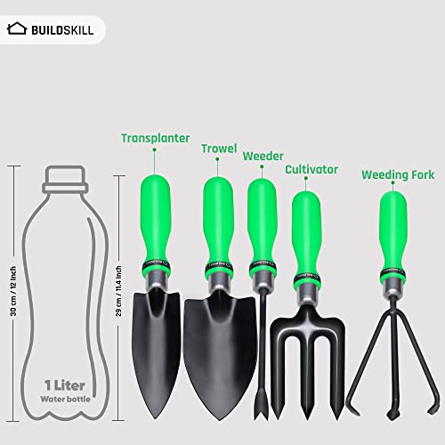 Buildskill GTS010 Gardening/Planting Hand Tool Kit, Rust Free Trowel, Transplanter, Weeder, Hand Rake & Cultivator, Heavy Duty Gardening Tool Kit for Home Gardening (Green) (Pack of 5)