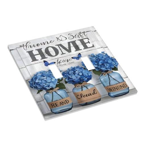 Decorative Light Switch Cover Plate Blue Flower Bottles Wood Plank 2 Gang Wall Plate Oversized Double Toggle Two Switch Wall Cover Plate Dual Device Faceplate