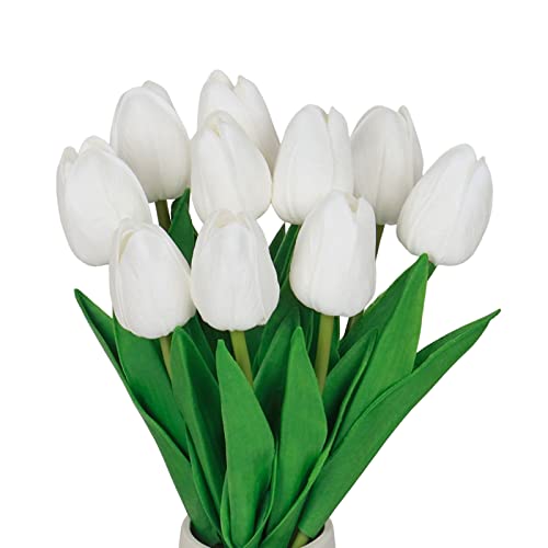 VaryFloral 10pcs Tulips Artificial Flowers White Tulips Real Touch PU Latex Fake Bouquet Decorative Artificial Flowers for Decoration Party Room Home Hotel Garden Bridal Wedding Bouquet DIY