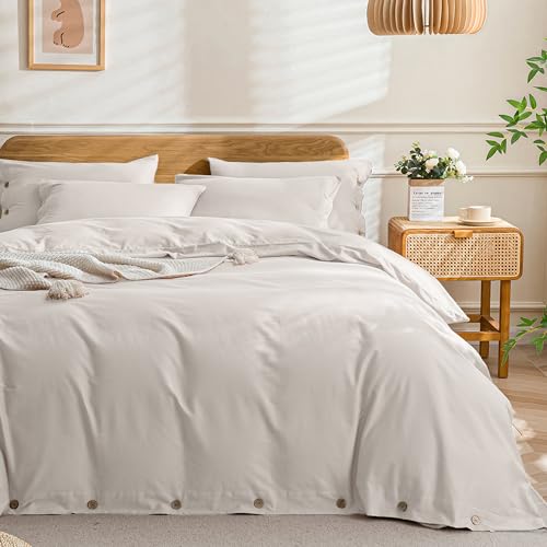 JELLYMONI Cotton Duvet Cover Queen Size - Beige Comforter Cover with Button 100% Washed Cotton 3PCS Breathable Soft Solid Bedding Set Duvet Cover 90×90in & 2 Pillowcases (NO Comforter)