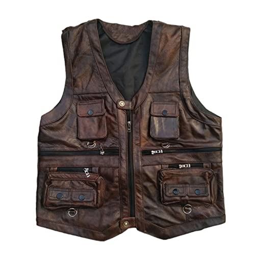 Cowhide Leather Vest Men's Brown Sleeveless Jacket Thickened Motorcycle Vest Multi-Pocket Zipper