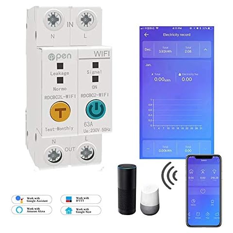 Ewelink App 2P 63A DIN Rail WiFi Smart Energy Meter Power Consumption kWh Circuit Breaker Switch Cover