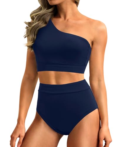 Image of Holipick Women One Shoulder High Waisted Bikini Sets Two Piece Swimsuit Tummy Control Bathing Suit Full Coverage Swimwear