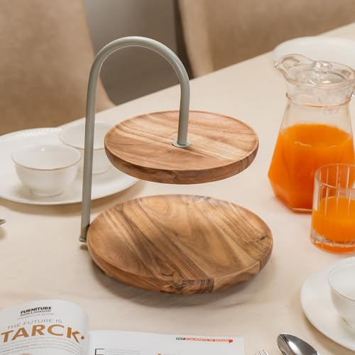 Image of KeshArc Multipurpose Serveware - Metal & Acacia Wood 2-Tier Stand - Serving Stand for Snacks, Desserts & Table Display (10.75x10x12.5 inches)