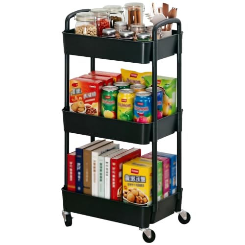 Sywhitta 3-Tier Plastic Rolling Utility Cart with Wheels for Storage,Black
