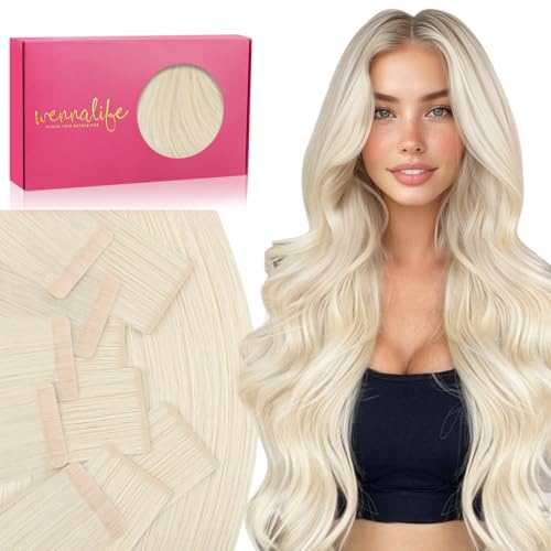 Image of WENNALIFE Invisi Edge Tape in Hair Extensions Human Hair,#60A,16 Inch | 16 Inch 100g 40pcs (Invisi Edge & Classic) Platinum Blonde Invisi Remy Hair Natural Seamless Injected Tape Ins