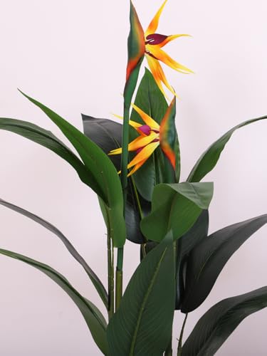 Image of ARICK DECOR Artificial Bird of Paradise Plant 4Ft Tall with Flowers - Fake Tropical Palm Tree with 2 Faux Orange Yellow Crane Flowers & Silk Banana Leaves, Large in Black Pot