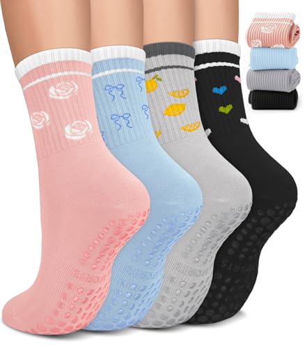 Image of Pilates Socks for Women, Non Slip Grip Socks for Yoga, Barre, Hospital, Grippy Socks Womens Gifts, 4 Pairs