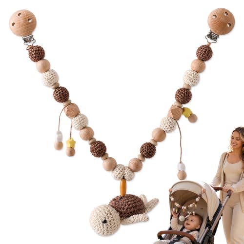 XEERUN Kinderwagenkette, Kinderwagenkette aus Holz und Baumwolle gehäkelt, Kinderwagen Kette für Babys, Montessori Neugeborenen Spielzeug Kinderwagenspielzeug für Babyschale, Schildkröte
