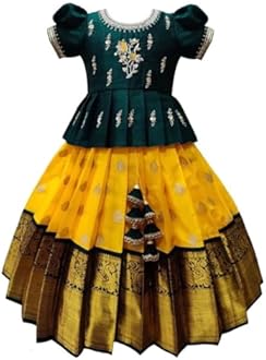 White Button New south Indian traditional pattu pavadai Jecquard Lehenga choli for girls dress