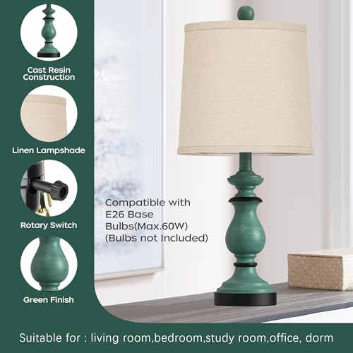 Image of PARTPHONER Traditional Table Lamp Set of 2, Rustic Farmhouse Table Lamps for Living Room Bedroom, 22 inch Bedside Desk Lamps Vintage Nightstand Lamps with Linen Shades, Green