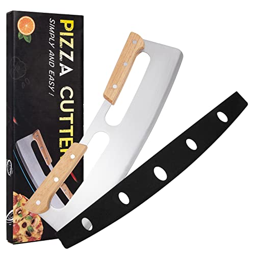 Couteau à Pizza Professionnel Coupe Pizza en Acier Inoxydable et Double Poignée en Bois Avec Couvercle de Protection pour Couper la Pizza Herbes Légumes Fruits Pâte 35 cm Cover