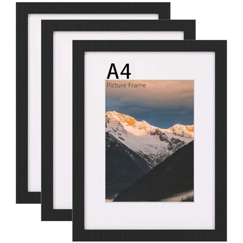 UHOUSEST A4 Picture Frame, 3 Pack Black Wooden Frame for Photo Frame, A4 (21x29.7 cm) Poster Frames with Mat, A4 Frame with Mount and Plexiglass for Wall Mount Vertically or Horizontally