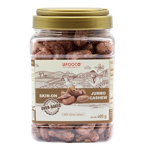 Image of LAFOOCO Jumbo Skin-On Cashews 14.1 oz, Lightly Salted Roasted Nuts Gift | Extra large cashews roasted with natural skin for deeper flavor. Halal & BRCGS certified Vietnamese nuts. Oval gift jar.