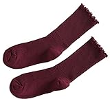 alloneslife Chaussettes à volants pour femme en coton doux de couleur unie en tricot côtelé coupe basse tube milieu à volants, bordeaux, S-4XL