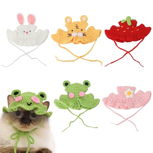 Guiqulai 5 Pack Cute Knitted Pet Hats – Frog Strawberry Pink Flower Tiger Rabbit Funny Hats for Small Pets, Guinea Pigs Cats Dogs Birthday Costume Accessories
