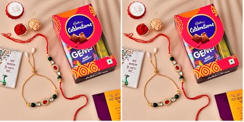 Image of CraftVatika Rakhi For Brother and Bhabhi Gift Hamper | Pooja Coin | Premium Rakhi Combo Set 2 With Chocoloaces | Kundan Rakhi For Bhai Bhabhi Bhaiya With Chocolate (Pack of 2)