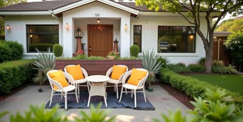 Image of India Outdoor Indoor 4+1 Piece All Weather Wicker Patio Chair and Table Set with Iron Frame for Balcony Garden Poolside Deck (Cream with Yellow Pillow)