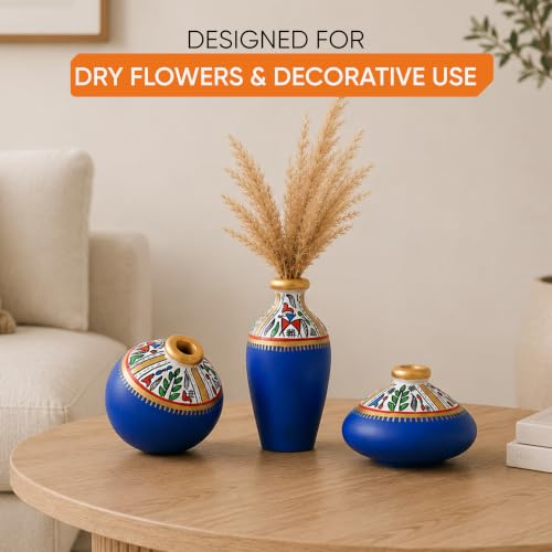 Image of Aakriti Art Creations Rustic Charm Trio Vase Set of 3 | Hand-Painted Warli Art Terracotta Vases in Blue | Matte Finish Decorative Vases for Living Room, Table Decor & Gifting