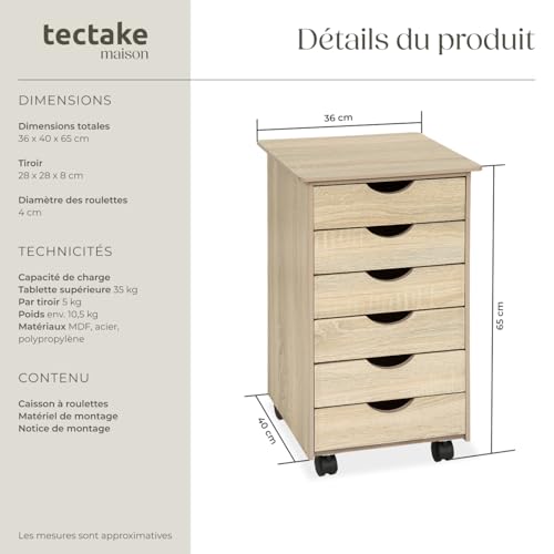 Caisson bureau 6 tiroirs chêne à roulettes TecTake