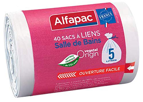 ALFAPAC - 40 sacs 5L à lien traditionnel - Sacs Poubelle pour salle de bains - Vegetal Origin - Sacs blancs de dimensions 33 x 35 cm