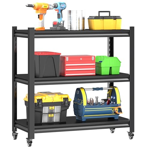 3 Tier Adjustable Garage Storage Shelving,Heavy Duty Utility Rack Shelf Unit on 4 Wheel Casters,Standing shelves for Garage, Home, Pantry,Kitchen,Warehouse,Bathroom & Laundry,Storage Rack - Black