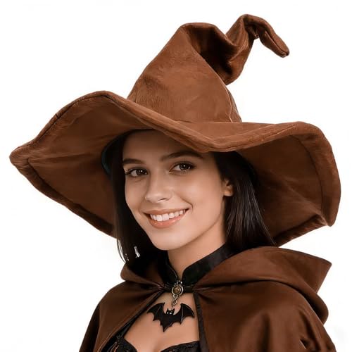 NTIERA 18 Inch Wide Brim Witch Hat for Women Adults Soft Pointed Wizard hat Halloween Costumes Witch Costume Women Wicked Black Elphaba Hat for Party and Stage (Brown)