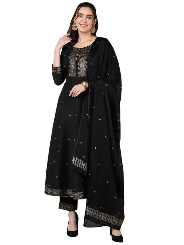 Image of Vaamsi Women's Silk Blend Yoke Design Solid Flared Kurta Pant With Dupatta
