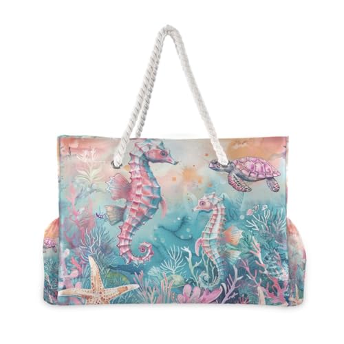 Image of Beach Tote Bags for Women, Turtle Flower Starfish Large Beach Shoulder Bag Pool Bags Purse