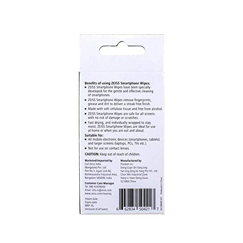 Azu view of Zeiss Smartphone Wipes packaging, showing benefits, suitable for, and caution information.