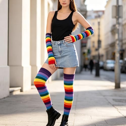 Image of YELAIVP Over Knee Rainbow Thigh High Socks Gloves Set Cosplay Accessories Arm Leg Warmers for Girls