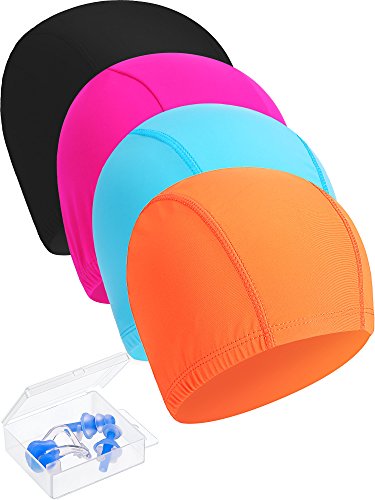 Maxdot 4 Pieces Swimming Caps, Come with 1 Nose Clip and 2 Ear Plug, Durable Elastic Long Hair Swim Caps for Kids, Women, Men