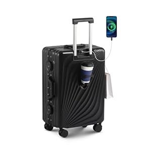 20 Inch Carry On Luggage, Zipperless Luggage with Spinner Wheels, Airline Approved Suitcase with Cup Holder, TSA Lock and USB Charger for Travel, Black