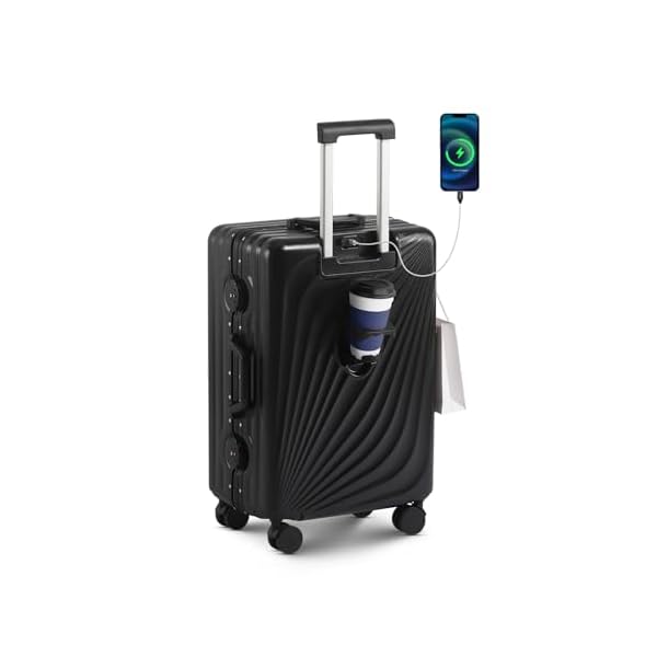 20 Inch Carry On Luggage, Zipperless Luggage with Spinner Wheels, Airline Approved Suitcase with Cup Holder, TSA Lock and USB Charger for Travel, Black