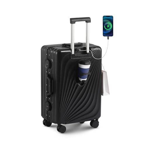 20 Inch Carry On Luggage, Zipperless Luggage with Spinner Wheels, Airline Approved Suitcase with Cup Holder, TSA Lock and USB Charger for Travel, Black