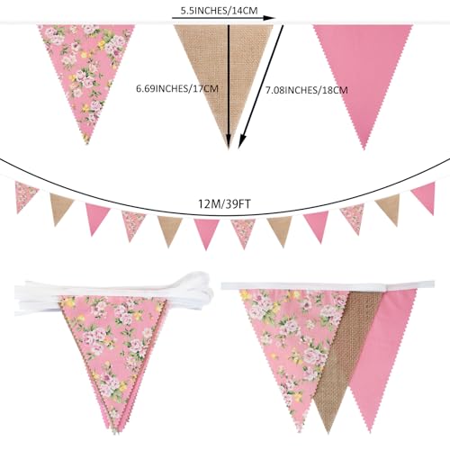 Image of Zwiebeco 39Ft Pink Floral Fabric Pennant Banner Vintage Burlap Triangle Flag Cotton Retro Flower Bunting Party Decoration for Birthday Engagement Wedding Bridal Baby Shower Rustic Village Garden Decor