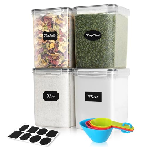 5.2L Groß Vorratsdosen mit Deckel, 4er Mehl Behälter mit Bunte Löffel & Etiketten | Luftdicht Aufbewahrungsbox Küche Ideal für 4KG Zucker, Müsli, Cornflakes, Katzenfutter| BPA-FREI | Spülmaschinenfest