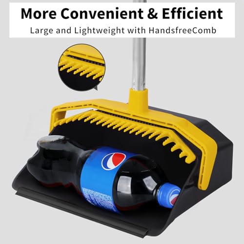 Image of Tiumso Broom with Dustpan Combo Set, Brooms and Dustpans Sets with 51'' Long Handle, Large Dust Pan and Broom, Self-Cleaning Dustpan Teeth for Lobby Kitchen Office - Black and Yellow