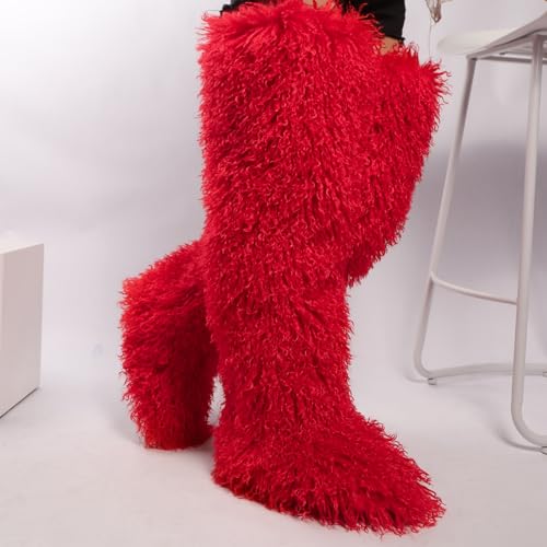 Image of Black Thigh High Fur Boots, Over the Knee Fluffy High Boots, Tall Furry shoes for Women