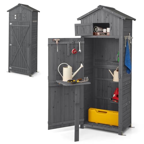 HOMASIS Gerätehaus Holz, Gartenschrank Outdoor wetterfest, Geräteschuppen mit faltbar Tisch & 8 Haken, Gartenhaus mit Satteldach, Geräteschrank Gartenschuppen Holzhaus Holzschuppen (Grau)