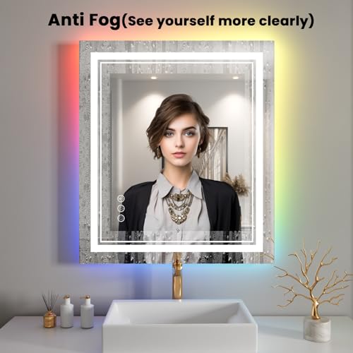 28x32 inch LED Bathroom Mirror with RGB Lights Color Changing Backlit Mirror Shatterproof Dimmable Anti-Fog Lighted Vanity Mirror (RGB Multicolor Backlit + Adjustable Front-Lighted)