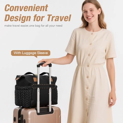 Image of Diaper Bag Tote, Large Baby Hospital Bag for Labor Delivery Mom | Travel Diaper Tote with Changing Pad, Pacifier Case, Insulated Pockets, Luggage Sleeve, Shoulder Strap, Quilted Black
